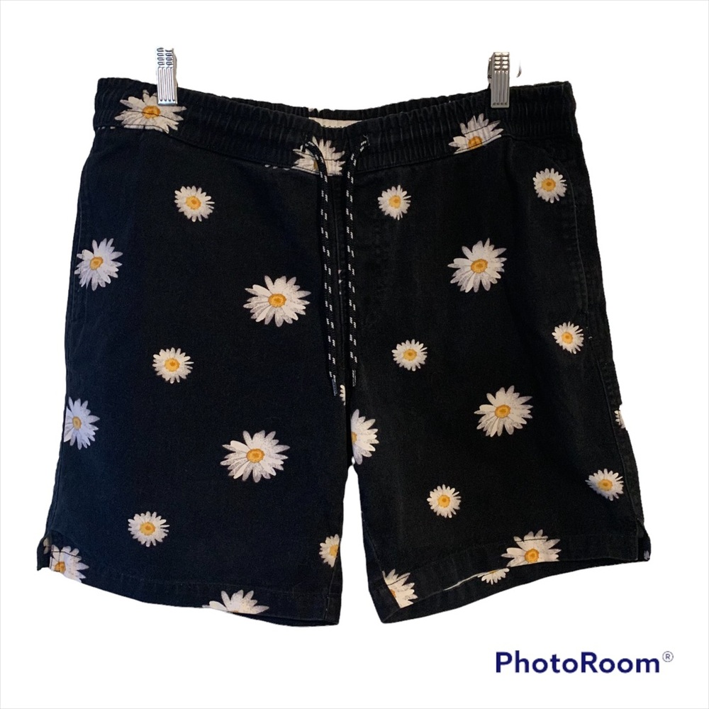 Zip code Large canvas knit cotton shorts elastic waist daisy print pockets